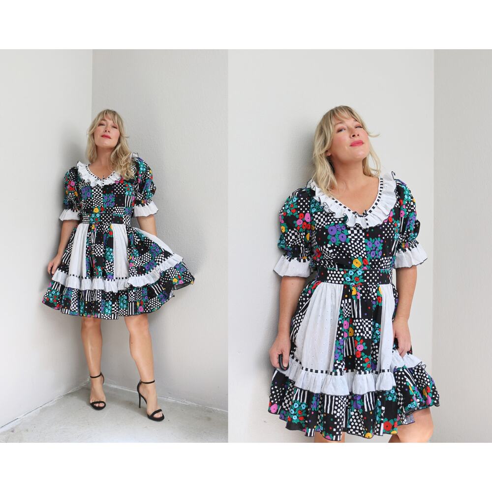1980's Vintage Memphis Design Peasant Blouse & Western Skirt ~ Women's XS SM MD